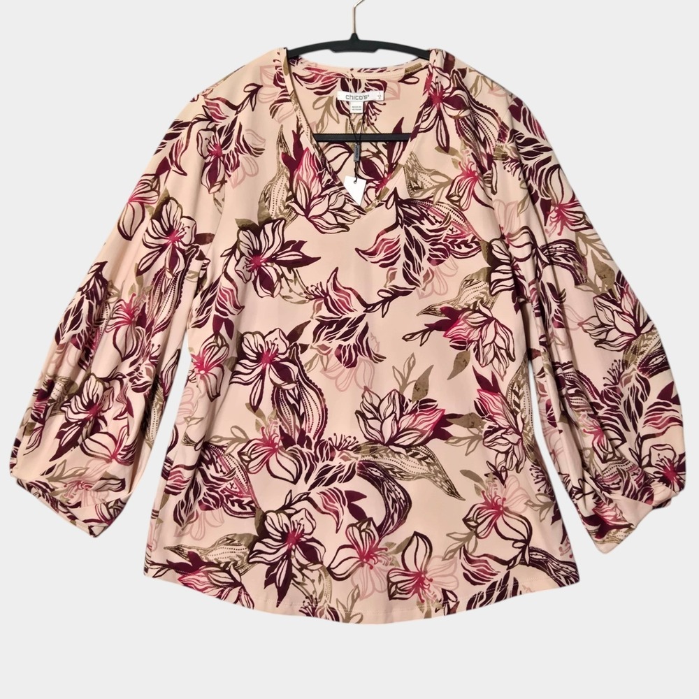 Chico's Flora Oasis Floral Tuck‎ Sleeve V Neck Top Pink 1 M Cotton Fall Boho NWT
